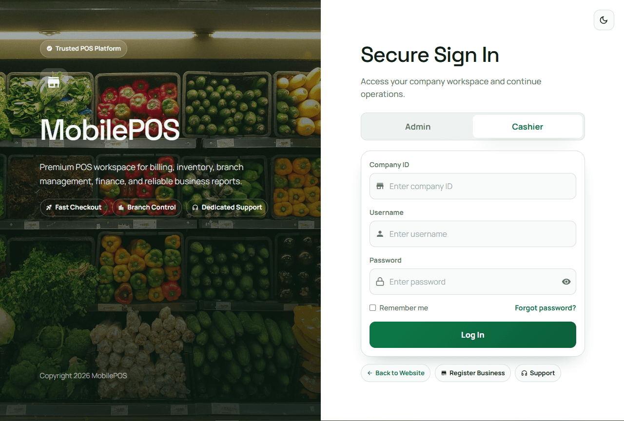 Mobile POS System sign in overview